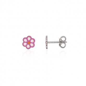 Boucles d'oreilles enfant Carador fleur argent 925/000 et laque rose et blanche