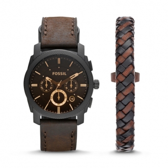 Coffret montre Fossil en cuir brun foncé et bracelet