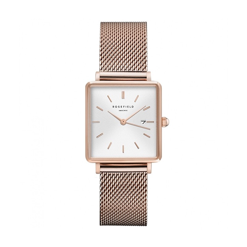 Montre Rosefield The Boxy maille milanaise dorée rose QWSR-Q01