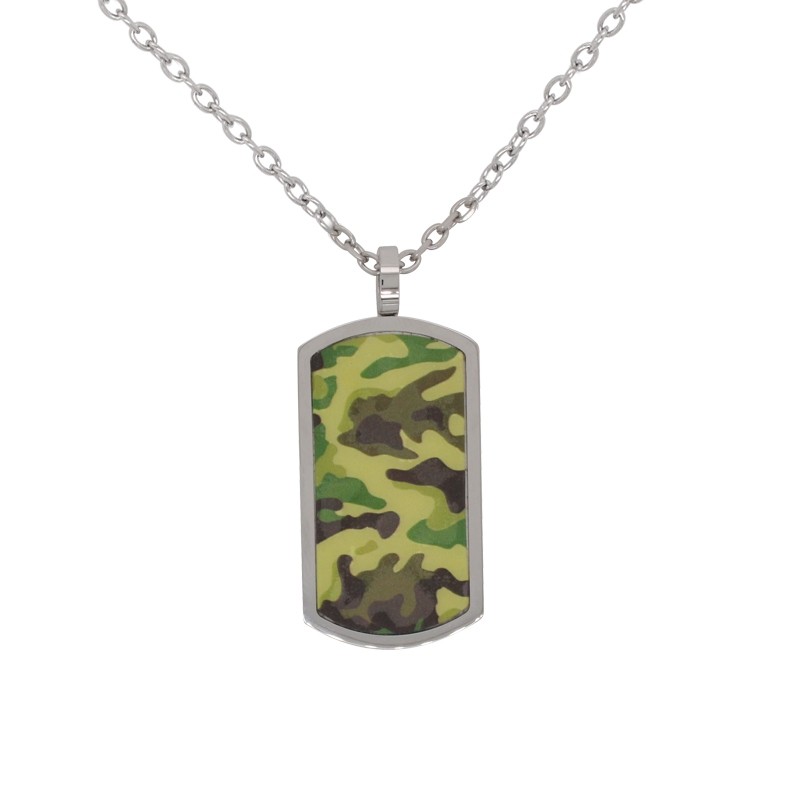 Collier Homme Carador plaque ovale impression camouflage en acier