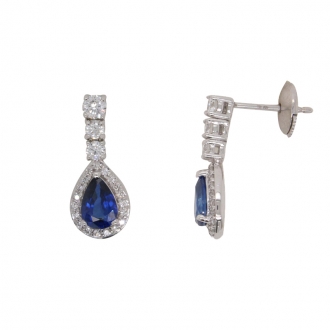 Boucles d'oreilles pendantes CARADOR or blanc 750/000 diamant et saphir.