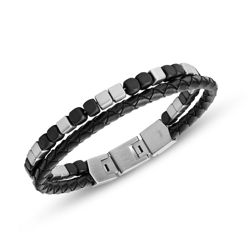 Bracelet Homme Fossil double rang cuir et perle d'agathe noire JF03122040