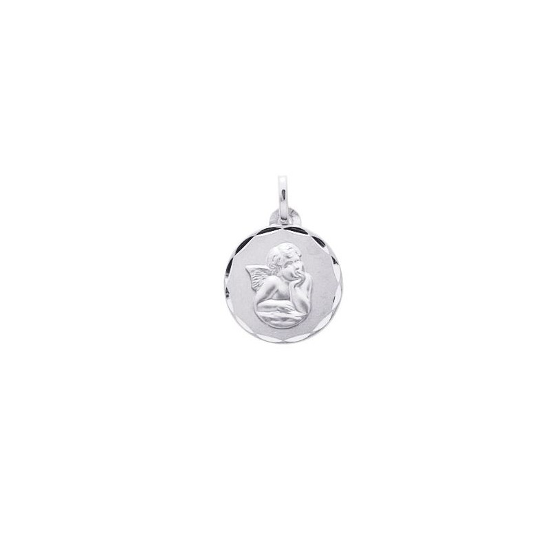 Médaille religieuse ronde Carador  ange  en or blanc 750/000