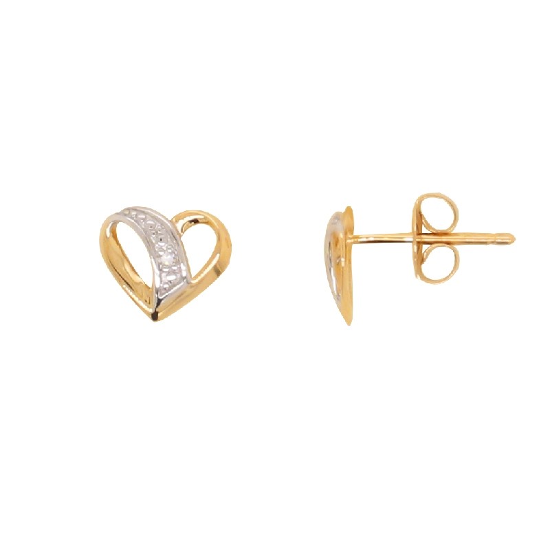 Boucles d'oreilles cœur en or jaune et blanc 375/000 et diamants