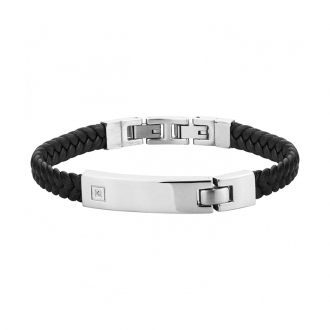 Bracelet Homme Phebus cuir tressé noir, acier et diamant 35-0956