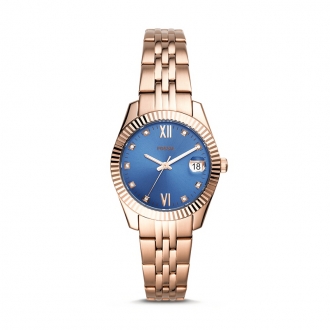 Montre Fossil ES4901 Scarlette Mini à trois aiguilles avec date en acier inoxydable doré rose cadran bleu