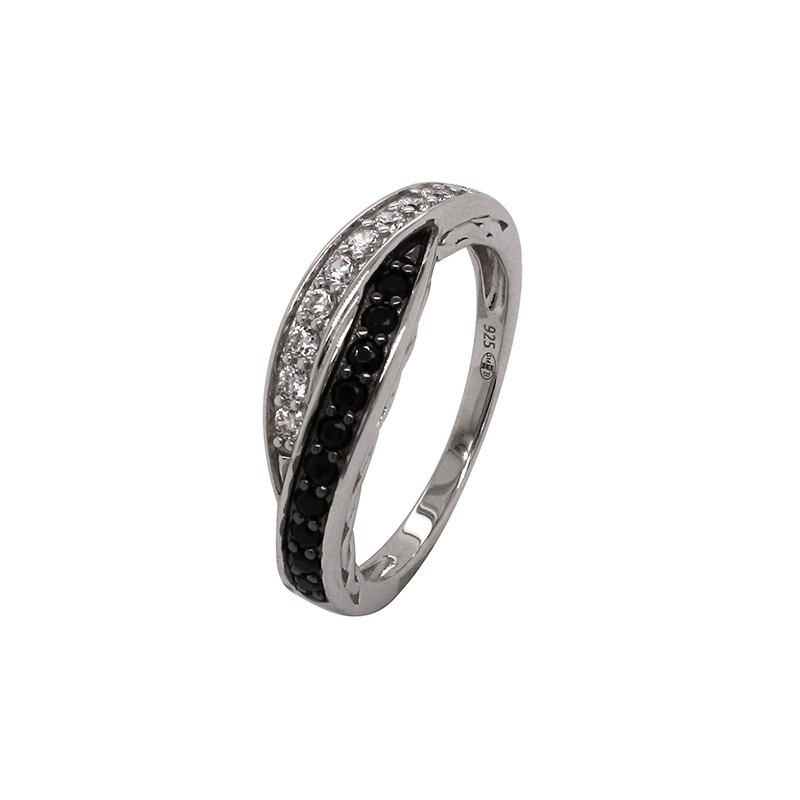 Bague double anneau serti d'oxydes de zirconium noir et blanc JR6387-54