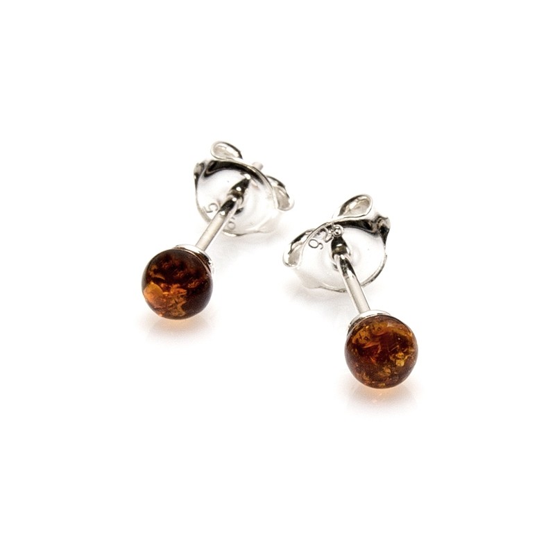 boucles d'oreilles perle d'ambre couleur cognac en argent 925/000, 7 mm