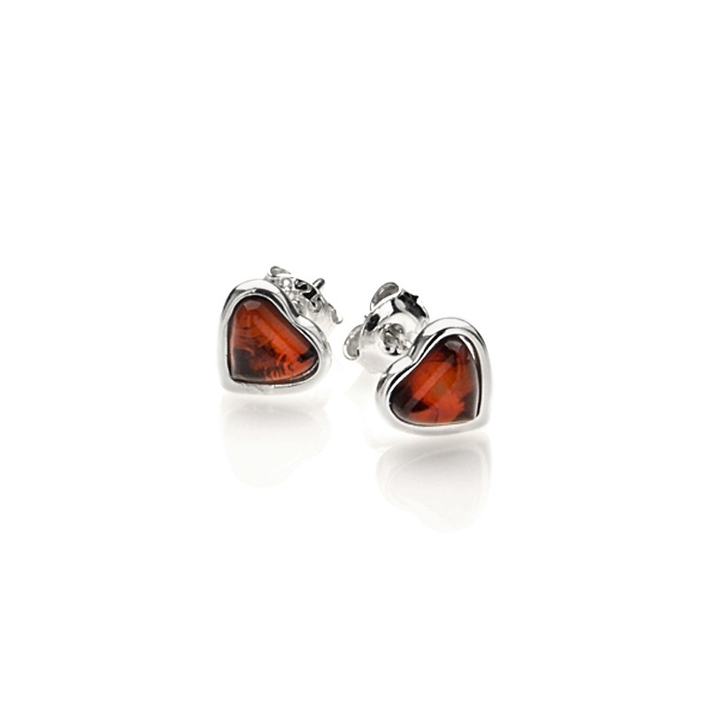 boucles d'oreilles coeur d'ambre couleur cognac en argent 925/000