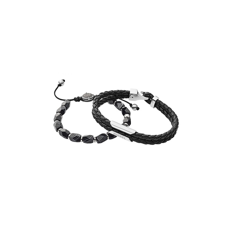 Duo de bracelets noirs cuir et agate Diesel