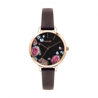 Montre  noire et dorée rose aux motifs fleuris Oui and Me collection Fleurette