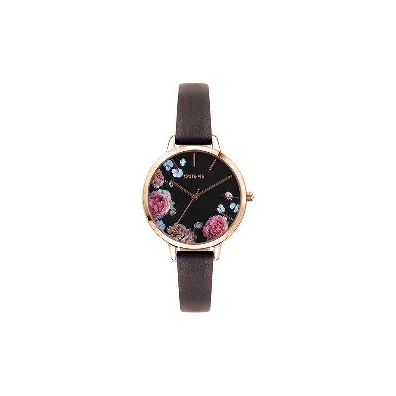 Montre  noire et dorée rose aux motifs fleuris Oui and Me collection Fleurette