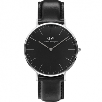 Montre argenté bracelet cuir noir Daniel Wellington