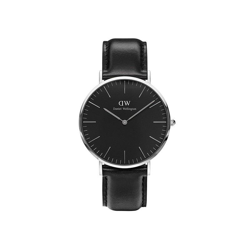 Montre argenté bracelet cuir noir Daniel Wellington