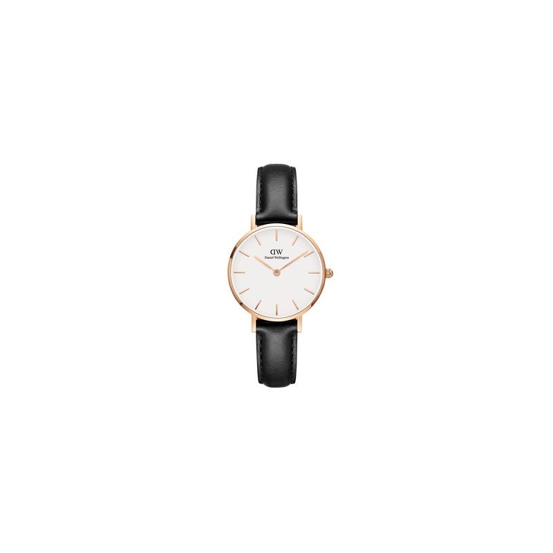 Montre femme acier doré rose et bracelet cuir noir Daniel Wellington