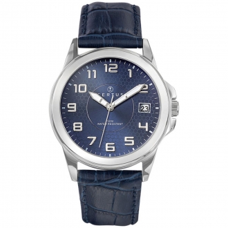 montre homme Certus acier argenté bracelet cuir bleu