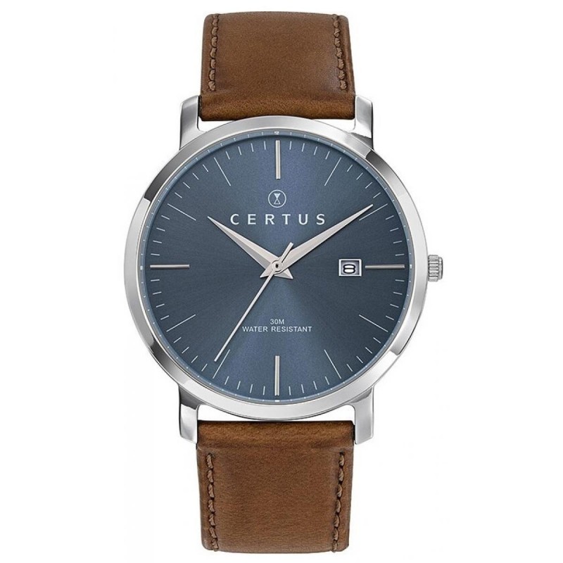 montre homme Certus acier argenté bracelet cuir marron
