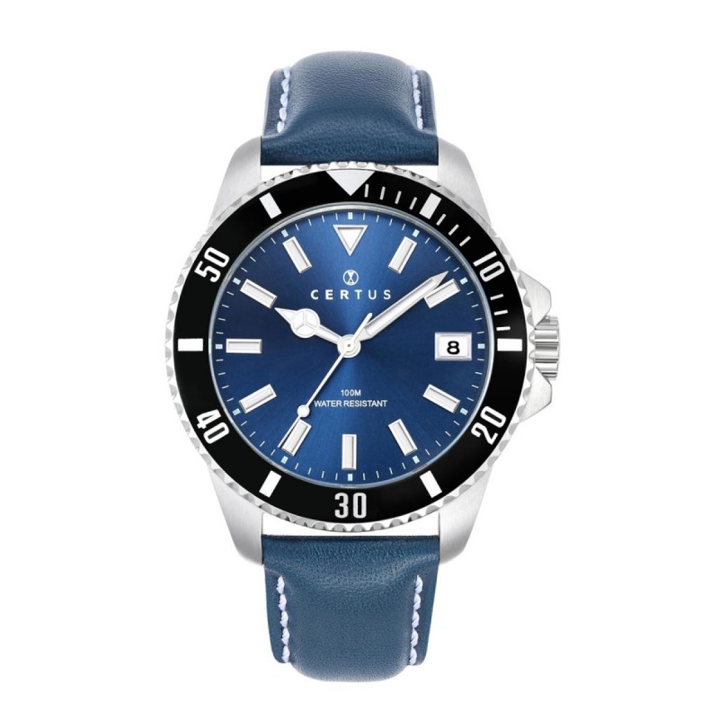 montre homme Certus acier argenté bracelet cuir bleu