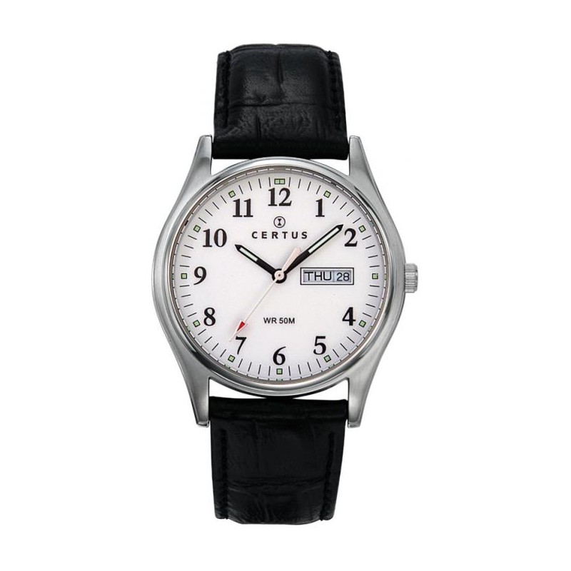 montre homme Certus acier argenté bracelet cuir noir 