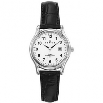 montre femme Certus acier argenté bracelet cuir noir 