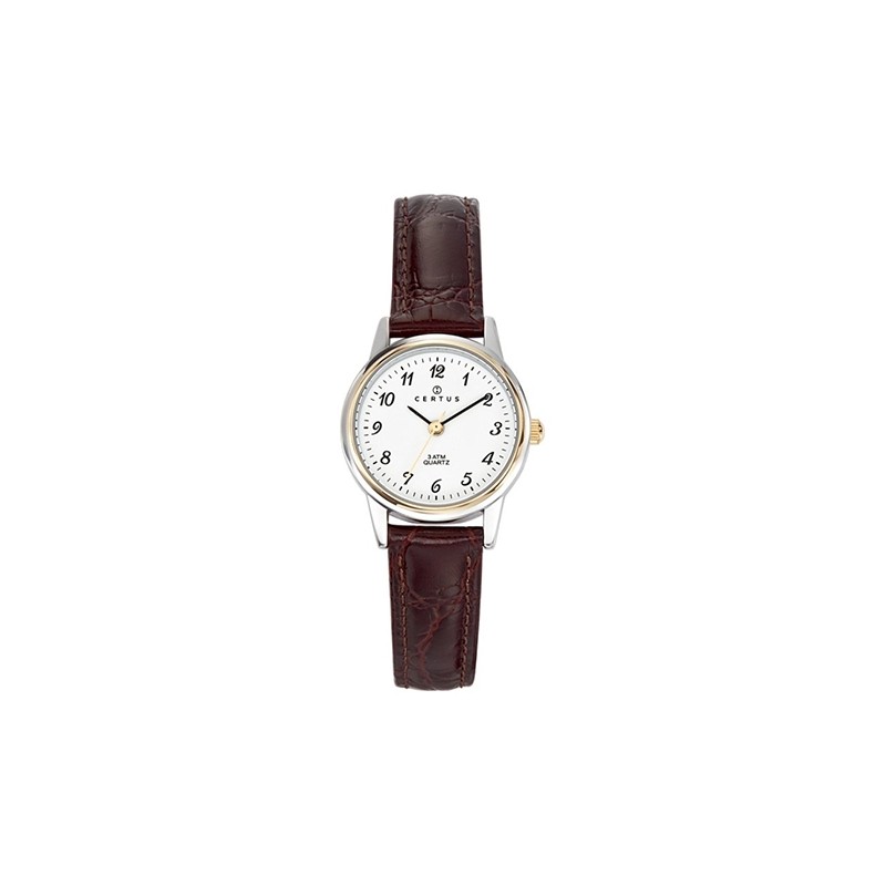 montre femme Certus acier bicolore bracelet cuir marron foncé