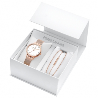 Coffret Montre acier milanais doré rose Pierre Lannier 