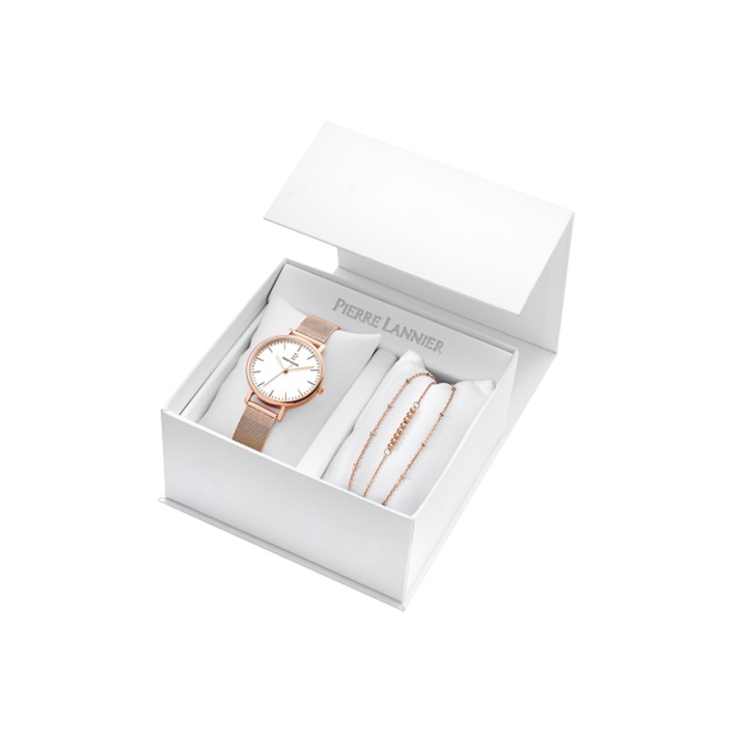 Coffret Montre acier milanais doré rose Pierre Lannier 