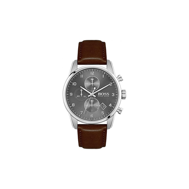 Montre homme boss bracelet cuir marron et cadran gris