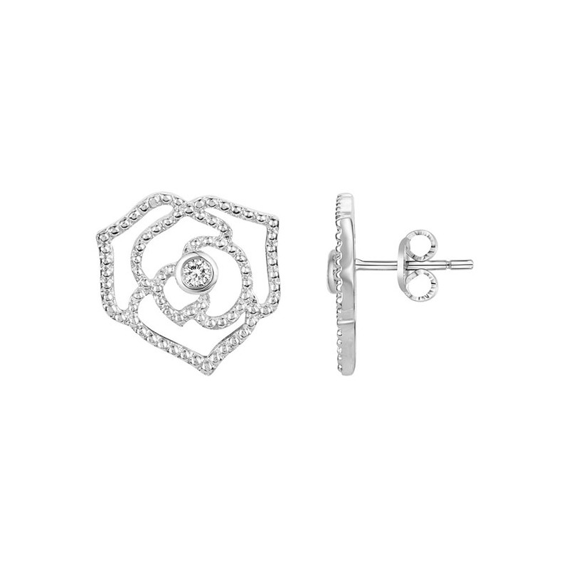 Boucles d’oreilles « rose perlée » argent 925/000 rhodié et diamant de la marque La Garçonne