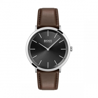 Montre homme boss bracelet cuir marron et cadran noir