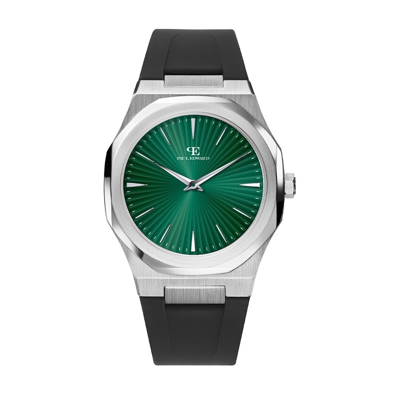 Montre homme Paul Edward acier argenté bracelet caoutchou noir cadran vert 