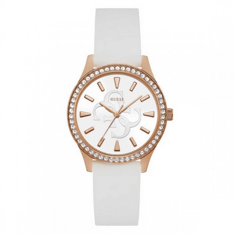 Montre Anna Guess en acier doré rose et silicone blanc