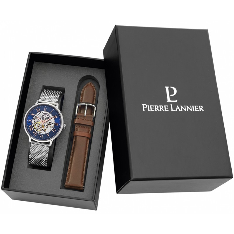 Coffret Montre Pierre Lannier Automatic acier couleur argent et cuir marron