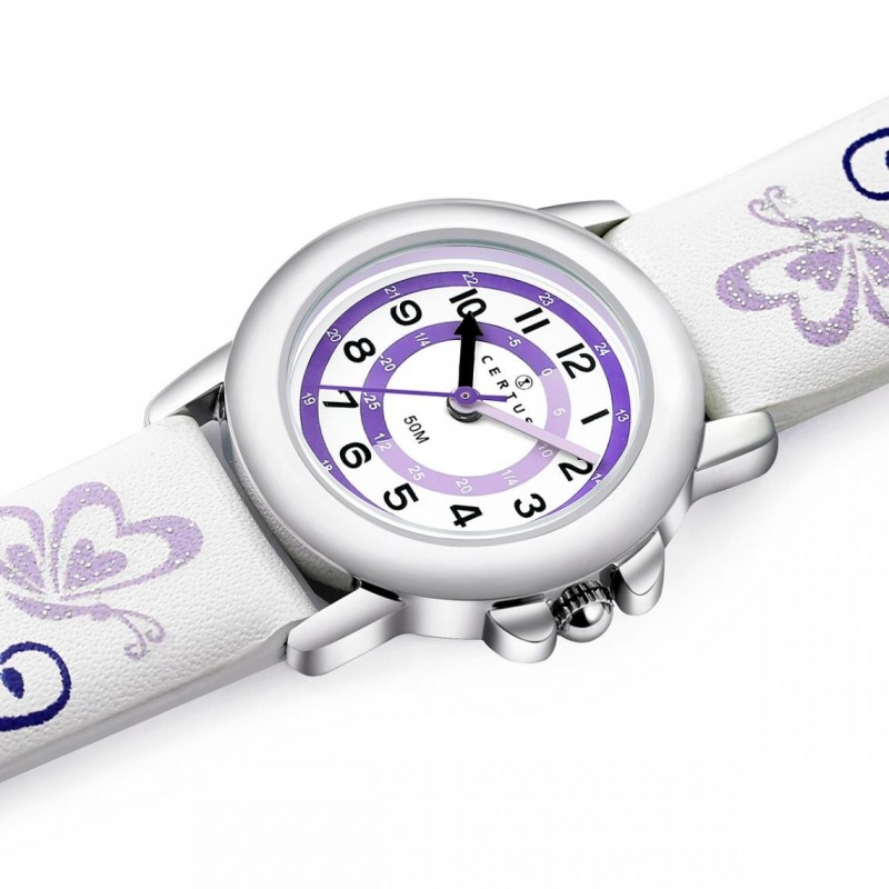 Montre analogique Certus Junior papillons bracelet cuir blanc