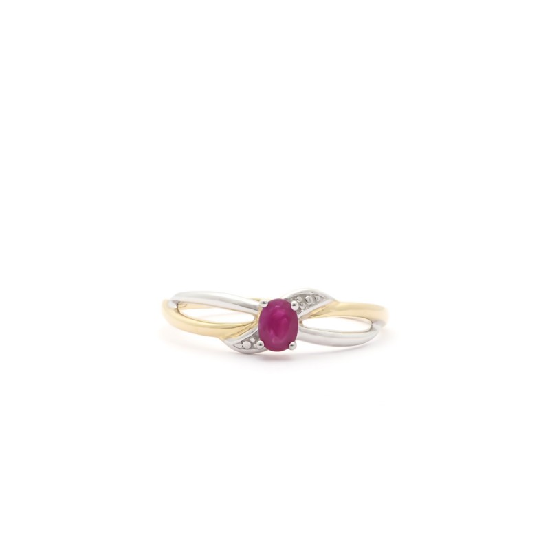 Bague Or Jaune Et Blanc 9 Carats Avec Rubis - Taille 51, Occasion Style Trois Pierres
