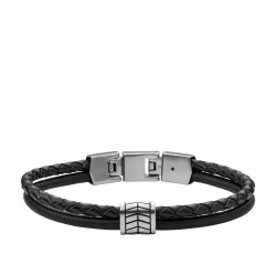 Bracelet Fossil multi rangées en cuir noir et fermoir en acier