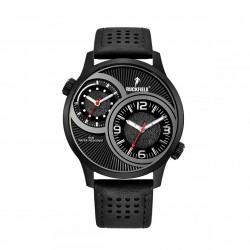 Montre Homme Ruckfield acier et cuir noirs double fuseau horaire