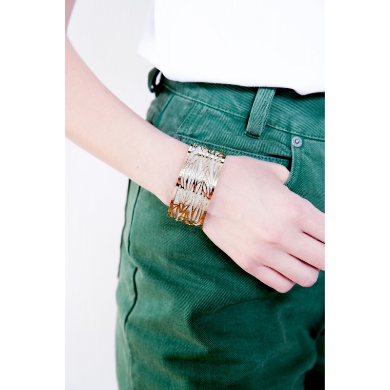 Bracelet Manchette Amporelle motif floral acier doré rose