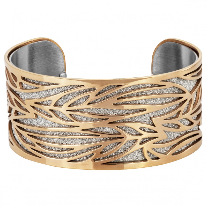 Bracelet Manchette Amporelle motif floral acier doré rose