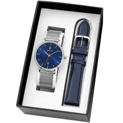 Coffret Montre Homme Pierre Lannier Bracelet en Acier Milanais Argenté et Cadran Bleu Collection ECHO