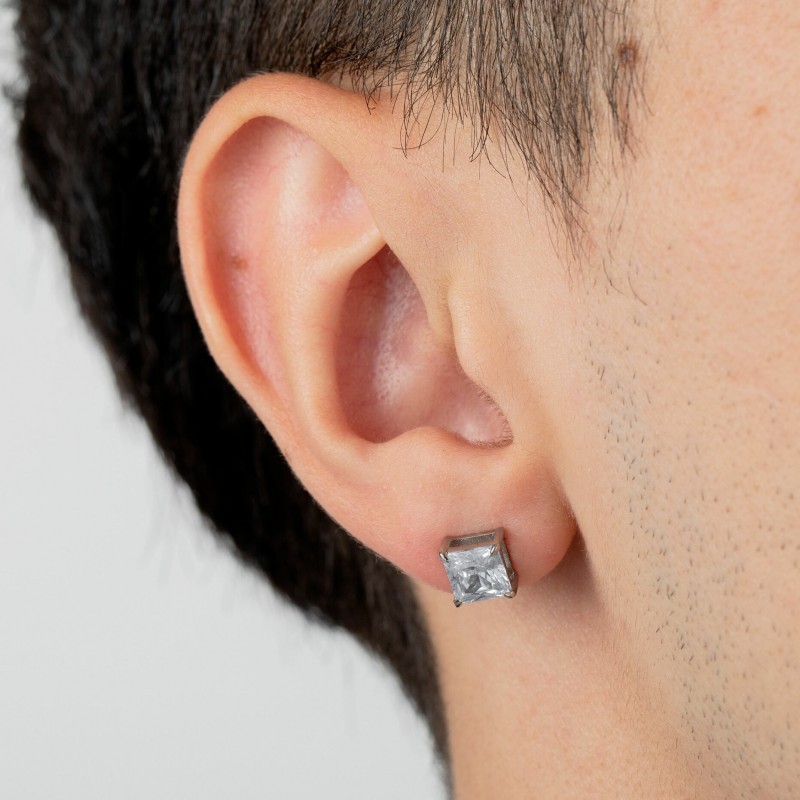 Boucles d'oreilles homme lotus style en acier couleur argent et oxyde de  zirconium