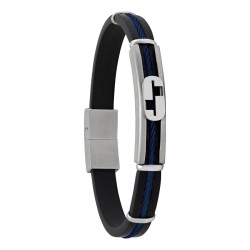 Bracelet Homme Jourdan en Acier argenté Caoutchouc noir et Câble bleu