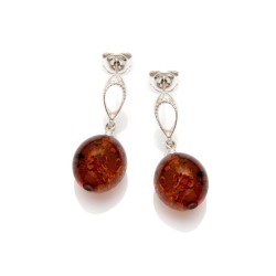 boucles d'oreilles pavé rond d'ambre couleur cognac et argent 925/000