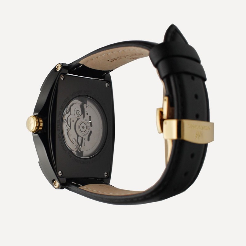 Montre Montignac automatique boitier tonneau bracelet en cuir noir