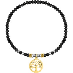 Bracelet Amporelle élastiqué en acier doré avec cristaux noirs et breloque arbre de vie