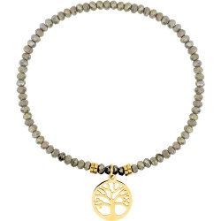 Bracelet Amporelle élastiqué en acier doré avec cristaux gris et breloque arbre de vie