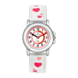 MONTRE CERTUS ENFANT EN CUIR BLANC AVEC COEURS CADRAN PEDAGOGIQUE