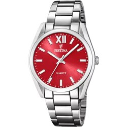 Montre Festina Femme Bracelet en Acier Argenté Cadran Rouge