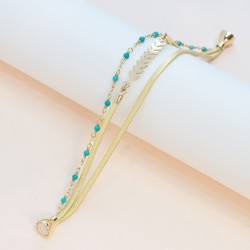 BRACELET FEMME FLOWERS FOR ZOE SERENDI METALLIC GOLD TURQUOISE EN ARGENT DORE  CUIR 17 CM