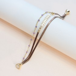 BRACELET FEMME FLOWERS FOR ZOE SERENDI METALLIC BROWN AMETHYSTE EN ARGENT DORE  CUIR 17 CM